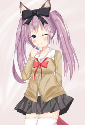 Rule 34 | 1girl, :p, absurdres, animal ears, arm behind back, artist request, blush, brown cardigan, cardigan, dog ears, dog tail, elin, finger to mouth, grey skirt, highres, long hair, miniskirt, one eye closed, pink background, purple eyes, purple hair, ribbon, school uniform, shirt, simple background, skirt, smile, solo, tail, tera online, thighhighs, tongue, tongue out, twintails, white shirt, white thighhighs