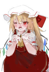 Rule 34 | :o, ascot, blonde hair, blush, cowboy shot, crystal, cum, cum in mouth, cum on hair, cum on hands, dress, eyes visible through hair, facial, fangs, flandre scarlet, hat, highres, long hair, looking at viewer, mob cap, nail polish, one eye closed, puffy short sleeves, puffy sleeves, red dress, red eyes, red nails, red ribbon, reddizen, ribbon, short sleeves, simple background, touhou, white background, white hat, wings, yellow ascot