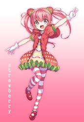 Rule 34 | 1girl, dress, food, food-themed clothes, food-themed hair ornament, fruit, full body, gloves, hair between eyes, hair ornament, long hair, mary janes, original, outstretched arms, pantyhose, pink eyes, pink hair, senri gan, shoes, solo, spread arms, standing, standing on one leg, strawberry, strawberry hair ornament, striped clothes, striped legwear, striped pantyhose, twintails, v