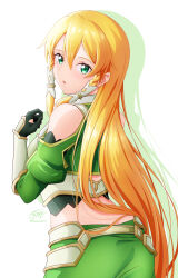 Rule 34 | 1girl, black gloves, blonde hair, clothing cutout, cropped legs, gauntlets, gloves, hair between eyes, highres, ken-ji, leafa (sao), leafa (terraria) (sao), long hair, looking at viewer, looking back, open mouth, shoulder cutout, sidelocks, simple background, solo, standing, sword art online, white background