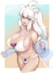 Rule 34 | 1girl, alternate breast size, animal ears, bare shoulders, beach, bikini, bikini under clothes, blue eyes, blush, breasts, cardigan, cleavage, collarbone, commentary, cowboy shot, day, extra ears, halterneck, highres, huge breasts, kemono friends, lion ears, lion girl, lion tail, long hair, long sleeves, looking at viewer, navel, off shoulder, open cardigan, open clothes, open mouth, outdoors, sand, shibori kasu, sidelocks, sketch, sleeves past wrists, smile, solo, stomach, strap gap, swimsuit, symbol-only commentary, tail, walking, water, white bikini, white hair, white lion (kemono friends)