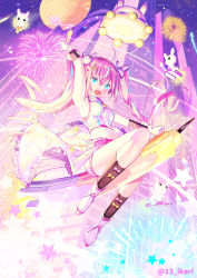Rule 34 | 1girl, :d, aerial fireworks, animal, arm up, armpits, bare shoulders, belt, blue eyes, blue hair, boots, bow, breasts, brown sleeves, brown socks, building, rabbit hair ornament, commentary request, crop top, detached sleeves, fireworks, frills, full moon, gloves, hair ornament, hairclip, highres, ikari (aor3507), long hair, medium breasts, midriff, moon, multicolored hair, navel, open mouth, original, pink belt, pink bow, pink hair, rabbit, shirt, short shorts, shorts, sitting, skyscraper, sleeveless, sleeveless shirt, smile, socks, solo, star (symbol), star hair ornament, streaked hair, twintails, twitter username, very long hair, white footwear, white gloves, white shirt, white shorts, yellow bow