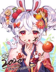 Rule 34 | 1girl, 2020, animal ears, azur lane, candy, candy apple, cherry hair ornament, commentary request, fake animal ears, food, food-themed hair ornament, food on face, fur scarf, hair ornament, hairband, happy new year, highres, holding, holding candy, holding food, japanese clothes, kimono, laffey (azur lane), laffey (snow rabbit and candy apple) (azur lane), lerome, long hair, looking at viewer, mouse (animal), nengajou, new year, open mouth, rabbit ears, red eyes, sidelocks, solo, strawberry hair ornament, tongue, tongue out, twintails, white hair, wide sleeves
