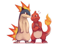 Rule 34 | charmeleon, claws, closed mouth, commentary, creatures (company), crossed arms, eye contact, flame-tipped tail, frown, game freak, gen 1 pokemon, gen 2 pokemon, glaring, highres, looking at another, lower (lowerkuo), nintendo, no humans, pokemon, pokemon (creature), quilava, red eyes, standing