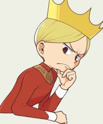 Rule 34 | 1boy, aboutama, blonde hair, brown eyes, child, cropped torso, crown, daida, frown, looking at viewer, male focus, ousama ranking, prince, red shirt, shirt, short hair, solo