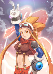 Rule 34 | 1girl, alan wansom, arm above head, arm up, armor, backpack, bag, bandana, breasts, cryamore, cryamore condenser, detached sleeves, esmyrelda maximus, freckles, gloves, goggles, goggles on head, hand on own hip, lips, long hair, matching hair/eyes, midriff, navel, neckerchief, night, night sky, official art, orange eyes, orange hair, pauldrons, shorts, shoulder armor, sidelocks, sky, smile, solo, spiked hair, suspenders, tenpoundpixel, v, white gloves