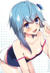 Rule 34 | 10s, 1girl, :d, ahoge, asymmetrical hair, bare shoulders, blue eyes, blue hair, blush, breasts, camisole, collarbone, crescent, crescent pin, fang, flower, hair flower, hair ornament, highres, kantai collection, leaning forward, looking at viewer, matching hair/eyes, minazuki (kancolle), open mouth, panties, short hair, short hair with long locks, small breasts, smile, solo, strap slip, takeshima eku, twitter username, underwear, underwear only, white panties