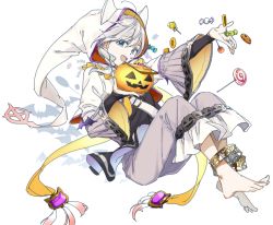 Rule 34 | 10s, 1boy, anklet, barefoot, blue eyes, braid, candy, food, granblue fantasy, hair over shoulder, halloween, highres, jack-o&#039;-lantern, jewelry, long hair, male focus, noa (granblue fantasy), open mouth, pale skin, pumpkin, silver hair, smile, solo