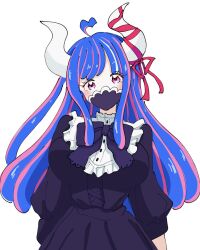 Rule 34 | 0h my god, 1girl, ahoge, black dress, blue hair, commentary request, cowboy shot, dress, highres, horns, long hair, looking at viewer, mask, mouth mask, multicolored hair, one piece, pink eyes, pink hair, red ribbon, ribbon, sidelocks, simple background, solo, two-tone hair, ulti (one piece), white background, white horns