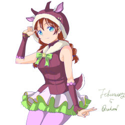 Rule 34 | 1girl, absurdres, adjusting hood, animal ears, animal hat, animal hood, aqua eyes, arm warmers, artist name, artist request, bare shoulders, blue eyes, blush, bow, bowtie, braid, breasts, brown dress, brown hair, brown hat, brown sweater, detached sleeves, dress, elbow sleeve, emma verde, exciting animal (love live!), female focus, flower, freckles, fur-trimmed collar, fur-trimmed dress, fur-trimmed headwear, fur trim, goat ears, goat hood, goat tail, green bow, green skirt, hair between eyes, hair tie, hat, highres, hood, layered skirt, long hair, looking at viewer, love live!, love live! nijigasaki high school idol club, love live! school idol festival, love live! school idol festival all stars, medium breasts, miniskirt, nail, nail polish, nakamr, parted lips, pink nails, plaid, plaid skirt, pleated, pleated skirt, purple flower, purple legwear, red hair, sailor collar, short sleeves, skirt, sleeveless, sleeveless dress, sleeveless sweater, smile, solo, sparkle print, striped, sweater, tail, turtleneck, turtleneck sweater, twin braids, twintails, v, white background, white sailor collar, white skirt, wrist cuffs