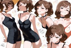 1girl absurdres artist_name black_bodysuit black_choker bodysuit breasts brown_eyes choker highres multiple_views original otokakoto ponytail simple_background small_breasts smile white_background