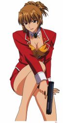 Rule 34 | 1990s (style), 1girl, agent aika, aika (series), arm support, bare legs, breasts, brooch, brown hair, cleavage, detached collar, folded ponytail, gun, holding, holding gun, holding weapon, invisible chair, jacket, jewelry, knee up, large breasts, lips, lipstick, long sleeves, looking at viewer, makeup, miniskirt, pencil skirt, red jacket, red lips, red skirt, retro artstyle, short hair, simple background, sitting, skirt, smile, solo, sumeragi aika, weapon, white background