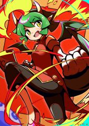 Rule 34 | 1girl, absurdres, black pants, blush, breath weapon, breathing fire, clenched hands, draco centauros, dragon girl, dragon tail, dress, fang, fire, green hair, highres, horns, nadesukos, open mouth, pants, pointy ears, puyopuyo, red dress, short hair, signature, tail, wings, yellow eyes