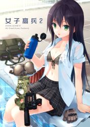 Rule 34 | 1girl, bag, bikini, black hair, bottle, bra, breasts, bullpup, camouflage, camouflage bikini, cleavage, cover, cover page, dress shirt, gloves, unworn gloves, green eyes, gun, highres, horizontal magazine, knee pads, long hair, magazine (weapon), meso-meso, open clothes, open shirt, original, p90, personal defense weapon, plaid, plaid skirt, pool, poolside, see-through, shirt, sitting, skirt, soaking feet, solo, submachine gun, suppressor, swimsuit, tile floor, tiles, translucent, underwear, water, water bottle, weapon, wet, wet clothes