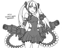 Rule 34 | 1girl, bare shoulders, breasts, character name, collarbone, covered collarbone, dated, destroyer (girls&#039; frontline), dress, elbow gloves, girls&#039; frontline, gloves, grenade launcher, greyscale, grin, hair between eyes, hair ornament, highres, holding, long hair, medium breasts, monochrome, multicolored hair, ndtwofives, pleated dress, revolver grenade launcher, sangvis ferri, simple background, sleeveless, sleeveless dress, smile, solo, streaked hair, twintails, very long hair, weapon, white background