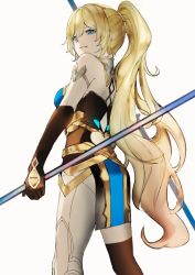 Rule 34 | 1girl, bare shoulders, bianka durandal ataegina, bianka durandal ataegina (dea anchora), blonde hair, blue eyes, brown gloves, brown thighhighs, closed mouth, dual wielding, elbow gloves, gloves, hair between eyes, holding, holding polearm, holding spear, holding weapon, honkai (series), honkai impact 3rd, long hair, pants, polearm, ponytail, qbird449, simple background, single thighhigh, smile, solo, spear, thighhighs, very long hair, weapon, white background, white pants