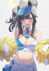 Rule 34 | 1girl, :o, animal ears, arm tattoo, black hair, blue archive, blue eyes, blunt bangs, blush, breasts, character name, cheerleader, cleavage, collarbone, commentary, detached collar, dog ears, dog girl, dog tail, eyewear on head, facial tattoo, halo, hibiki (blue archive), hibiki (cheer squad) (blue archive), highres, holding, holding pom poms, long hair, looking at viewer, medium breasts, millennium cheerleader outfit (blue archive), navel, pleated skirt, pom pom (cheerleading), pom poms, ponytail, reulem, sidelocks, simple background, skirt, sleeveless, solo, star tattoo, stomach, sunglasses, tail, tattoo, wavy mouth, white background