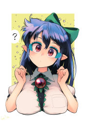 Rule 34 | 1girl, ?, black hair, blouse, bow, breasts, buttons, carte, center frills, collared shirt, covered erect nipples, frilled shirt collar, frills, green headwear, hair bow, head tilt, highres, large breasts, long hair, looking at viewer, pointy ears, ponytail, puffy short sleeves, puffy sleeves, red eyes, reiuji utsuho, shirt, short sleeves, signature, simple background, solo, spoken question mark, third eye, touhou, white shirt