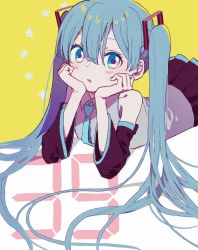 Rule 34 | 1girl, aqua eyes, aqua hair, blush, head rest, detached sleeves, hatsune miku, highres, leaning forward, looking at viewer, makimura (miwmiw-cage), necktie, parted lips, pleated skirt, skirt, solo, twintails, vocaloid
