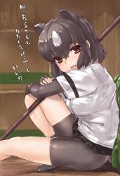 Rule 34 | 1girl, animal ears, arm rest, bear ears, bear girl, paw stick, bear tail, bike shorts, black hair, black skirt, brown bear (kemono friends), brown eyes, crossed arms, elbow gloves, extra ears, fingerless gloves, from side, gloves, hair between eyes, highres, kemono friends, knee up, looking at viewer, microskirt, multicolored hair, open mouth, outstretched leg, over shoulder, shirt, shoes, short hair, short sleeves, shorts, shorts under skirt, sidelocks, sitting, skirt, smile, solo, tadano magu, tail, translation request, two-tone hair, weapon, weapon over shoulder, white hair