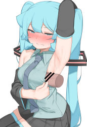 Rule 34 | 1boy, 1girl, abmayo, absurdres, arm up, armpit sex, armpits, bar censor, bare shoulders, black skirt, black sleeves, black thighhighs, blush, breasts, censored, closed mouth, collared shirt, detached sleeves, green hair, green necktie, grey shirt, hair ornament, hatsune miku, hetero, highres, long hair, long sleeves, medium breasts, miniskirt, necktie, penis, penis under another&#039;s clothes, pleated skirt, shirt, skirt, sleeveless, sleeveless shirt, solo focus, sweatdrop, thighhighs, twintails, vocaloid