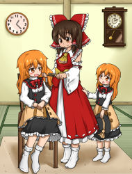 Rule 34 | 3girls, apron, ascot, azusa (cookie), black skirt, black vest, blush, bow, bowtie, brown eyes, brown hair, brushing another&#039;s hair, brushing hair, buttons, chair, child, clock, closed mouth, collared shirt, comb, commentary request, cookie (touhou), detached sleeves, dual persona, frilled shirt collar, frilled skirt, frills, full body, hair between eyes, hair bow, hakurei reimu, hat, holding, holding clothes, holding hat, indoors, kanna (cookie), kirisame marisa, knb (nicoseiga53198051), long hair, long skirt, looking at another, multiple girls, no shoes, open mouth, orange eyes, orange hair, red bow, red bowtie, red shirt, red skirt, shirt, sidelocks, skirt, skirt set, sleeveless, sleeveless shirt, smile, socks, tatami, touhou, turtleneck, unworn hat, unworn headwear, vest, waist apron, white shirt, white sleeves, wide sleeves, witch hat, yellow ascot