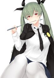 Rule 34 | 10s, 1girl, :q, absurdres, anchovy (girls und panzer), anzio school uniform, black cape, black necktie, black ribbon, blue skirt, breasts, cape, collared shirt, fingernails, girls und panzer, green hair, hair between eyes, hair ribbon, half-closed eyes, highres, holding, knees up, large breasts, long hair, long sleeves, looking at viewer, maruyaa (malya1006), necktie, pantyhose, red eyes, ribbon, riding crop, school uniform, shirt, signature, simple background, sitting, skirt, solo, tongue, tongue out, twintails, white background, white pantyhose, white shirt