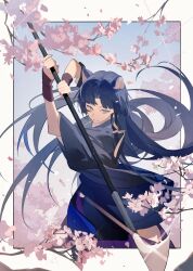Rule 34 | 1girl, absurdres, animal ears, arknights, armor, arms up, azure silan, black kimono, blue hair, border, branch, cherry blossoms, chinese commentary, commentary request, cowboy shot, falling petals, flower, glint, grin, hair ribbon, highres, holding, holding polearm, holding weapon, japanese clothes, kimono, long hair, looking down, naginata, outside border, parted bangs, petals, pink flower, polearm, ribbon, saga (arknights), short sleeves, smile, solo, standing, vambraces, weapon, white border, wide sleeves, yellow eyes, yellow ribbon