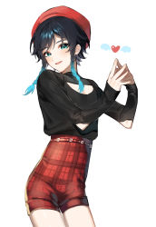 Rule 34 | 1boy, androgynous, black hair, blue hair, blush, braid, breast cutout, elbow cutout, genshin impact, gradient hair, green eyes, hat, heart, highres, kkopoli, long sleeves, looking at viewer, male focus, multicolored hair, open mouth, own hands together, red hat, simple background, smile, solo, twin braids, venti (genshin impact), white background