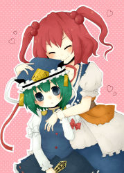 Rule 34 | 1st-mn, 2girls, balance scale, black skirt, blue eyes, blue headwear, blue vest, closed eyes, closed mouth, epaulettes, frilled hat, frills, green hair, hair bobbles, hair ornament, hat, heart, holding, hug, long sleeves, looking at viewer, multiple girls, onozuka komachi, pink background, polka dot, polka dot background, red hair, ribbon-trimmed skirt, ribbon trim, rod of remorse, sash, shiki eiki, short hair, skirt, smile, standing, touhou, two side up, vest, weighing scale