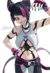 Rule 34 | 1girl, black hair, bracelet, breasts, collar, drill hair, fingerless gloves, gloves, hair horns, han juri, highres, jewelry, large breasts, looking at viewer, multicolored hair, nail polish, navel, purple eyes, purple z, short hair, smile, solo, spiked anklet, spiked bracelet, spiked collar, spikes, street fighter, street fighter 6, twin drills