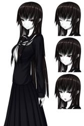 Rule 34 | 1girl, angry, black hair, black serafuku, closed eyes, commentary request, expression chart, happy, light smile, long hair, looking at viewer, looking to the side, original, pale skin, pleated skirt, red eyes, school uniform, serafuku, simadu-kazuhisa, simple background, skirt, solo, tsurime, white background