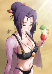Rule 34 | 1girl, :d, bad id, bad pixiv id, beach, belt, belt bra, bikini, black bikini, bobby pin, breasts, cleavage, collarbone, cup, curled fingers, digimon, digimon (creature), food, forehead, fruit, gold trim, green eyes, hair bun, highres, holding, holding cup, ice, ice cube, jewelry, keyliom, large breasts, lilithmon, looking at viewer, medium hair, midriff, mole, mole under eye, nail polish, necklace, open mouth, orange (fruit), orange slice, purple hair, purple nails, sand, see-through, sidelocks, signature, single hair bun, smile, solo, stopwatch, sunlight, swimsuit, thighs, umbrella, upper body, watch