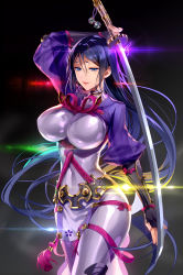 Rule 34 | 1girl, absurdres, breasts, cowboy shot, diffraction spikes, fate/grand order, fate (series), fingerless gloves, gloves, hair between eyes, highres, japanese clothes, katana, large breasts, long hair, looking at viewer, minamoto no raikou (fate), murakami yuichi, parted lips, purple eyes, purple hair, smile, solo, sword, very long hair, weapon