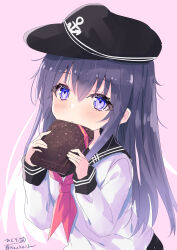 Rule 34 | 1girl, absurdres, akatsuki (kancolle), anchor symbol, black hat, black sailor collar, blush, box, closed mouth, flat cap, gift, gift box, hair between eyes, hat, highres, hizaka, holding, holding gift, kantai collection, long hair, long sleeves, neckerchief, one-hour drawing challenge, pink background, purple eyes, purple hair, red neckerchief, sailor collar, school uniform, serafuku, signature, simple background, solo, twitter username, upper body