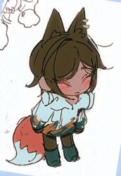 Rule 34 | 1girl, :3, animal ears, black pants, boots, brown eyes, brown hair, chibi, chibi only, closed eyes, closed mouth, coat, e.g.o (project moon), fox ears, fox tail, full body, green footwear, highres, hood, hood down, huyj cl, limbus company, long sleeves, outis (project moon), pants, project moon, simple background, solo, tail, white background, white coat
