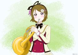 Rule 34 | 1girl, absurdres, artist name, artist request, black bow, blush, bow, bowtie, breasts, brown hair, cropped jacket, dress, dress shirt, earrings, female focus, flower, hair between eyes, hair bow, hair flower, hair ornament, hair ribbon, highres, holding, holding instrument, instrument, jewelry, koizumi hanayo, long sleeves, looking at viewer, love live!, love live! school idol festival, love live! school idol project, parted lips, pink ribbon, purple eyes, red shirt, ribbon, shirt, short hair, skirt, sleeve cuffs, small breasts, smile, solo, sore wa bokutachi no kiseki, upper body, white flower