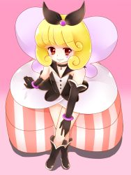 Rule 34 | &gt;:), 10s, 1girl, arm warmers, bad id, bad pixiv id, bare shoulders, black dress, black gloves, blonde hair, boots, choker, detached sleeves, dress, eyelashes, gloves, gradient hair, hair ornament, hair ribbon, happinesscharge precure!, happy, highres, looking at viewer, mochinya21, multicolored hair, pink background, precure, queen mirage, red eyes, ribbon, short hair, sitting, smile, solo, v-shaped eyebrows