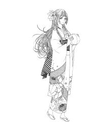 Rule 34 | 1girl, 24 ch, bad id, bad pixiv id, floral print, flower, greyscale, hair flower, hair ornament, highres, japanese clothes, kimono, long hair, long sleeves, monochrome, original, sandals, simple background, socks, solo, tabi, very long hair, white background