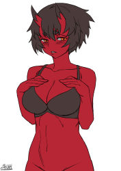 Rule 34 | 1girl, bad id, bad twitter id, black bra, black hair, blush, bottomless, bra, breast suppress, breasts, colored skin, hands up, horns, kidouko (zakusi), large breasts, looking at viewer, navel, oni, oni horns, orange eyes, original, out-of-frame censoring, parted lips, red oni, red skin, short hair, signature, simple background, solo, underwear, white background, zakusi