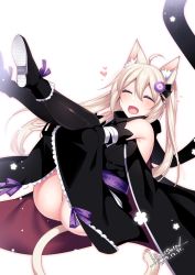 1girl, :d, ^ ^, ahoge, animal ears, artist name, ass, black legwear, blush, breasts, cat ears, cat tail, closed eyes, dated, detached sleeves, eyebrows visible through hair, eyes closed, hair between eyes, hair ornament, heart, japanese clothes, kimono, konshin, large breasts, long hair, long sleeves, open mouth, original, phantasy star, phantasy star online 2, platinum blonde hair, sash, smile, solo, tail, thighhighs, white background, wide sleeves