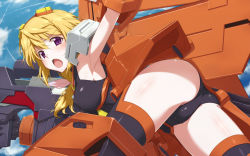Rule 34 | 10s, 1girl, :o, armpits, arms up, ass, blonde hair, blush, bodysuit, charlotte dunois, flying, from behind, highres, infinite stratos, kanna asuke, leotard, long hair, looking back, mecha musume, open mouth, pilot suit, purple eyes, rafale revive custom ii, short hair, solo, thighhighs, trefoil