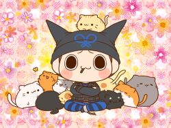 Rule 34 | 1boy, :3, animal, animal on head, argyle background, beanie, belt, belt buckle, black belt, black eyes, black footwear, black hat, black jacket, black pants, blue pants, blush stickers, brown hair, buckle, bug, butterfly, cat, cat on head, chibi, cigarette, closed mouth, collared jacket, commentary request, crossed ankles, cuffs, danganronpa (series), danganronpa v3: killing harmony, fake horns, floral background, hat, horned headwear, horns, hoshi ryoma, insect, jacket, lapels, leather, leather jacket, long sleeves, looking at viewer, male focus, mouth hold, notched lapels, on head, pants, pink background, pocket, shackles, shoes, short hair, single ankle cuff, sitting, smile, solo, straight-on, striped clothes, striped pants, studded belt, too many, too many cats, two-tone pants, yellow butterfly, yumaru (marumarumaru)