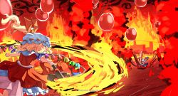 Rule 34 | 2girls, blonde hair, blood, bubble, commentary, commentary request, crystal, curly hair, detached sleeves, dress, fighting, fire, flandre scarlet, frilled skirt, frilled sleeves, frills, hat, hat ribbon, hell, highres, horn ornament, horn ribbon, horns, laevatein (touhou), mob cap, multiple girls, one side up, pool of blood, puffy short sleeves, puffy sleeves, red eyes, red skirt, red vest, ribbon, sachisudesu, sheep horns, short hair, short sleeves, side ponytail, skirt, skirt set, spork, touhou, sunken fossil world, toutetsu yuuma, vest, watermark, white hair, wings