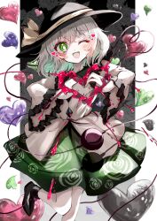 Rule 34 | 1girl, ;d, absurdres, black background, black footwear, black hat, border, bright pupils, commentary, floral print, green eyes, green skirt, hat, hat ribbon, heart, heart hands, heart of string, highres, kayon (touzoku), komeiji koishi, long sleeves, looking at viewer, one eye closed, open mouth, ribbon, rose print, shirt, short hair, skirt, smile, solo, symbol-only commentary, third eye, touhou, white border, white hair, white pupils, white shirt, yellow ribbon