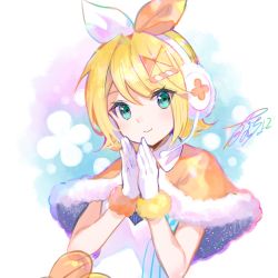 Rule 34 | 1girl, aqua eyes, blonde hair, bow, capelet, commentary, fur-trimmed capelet, fur-trimmed gloves, fur trim, fuzichoco, gloves, hair bow, hair ornament, hairclip, headphones, headset, highres, kagamine rin, looking at viewer, magical mirai (vocaloid), magical mirai rin, orange bow, orange capelet, shirt, signature, sleeveless, sleeveless shirt, smile, solo, two-tone bow, upper body, vocaloid, white bow, white shirt