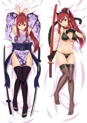 Rule 34 | 1girl, animal ears, arms up, back bow, bed sheet, bikini, black bikini, black gloves, black hairband, black thighhighs, blue bow, bow, breasts, brown eyes, buckle, cat ears, cat tail, cleavage, collar, dakimakura (medium), detached sleeves, erza scarlet, fairy tail, fake animal ears, floral print, from above, full body, gloves, hairband, high ponytail, holding, holding sheath, japanese clothes, katana, kimono, large breasts, long hair, long sleeves, looking at viewer, lying, moeanime, navel, obi, on back, print kimono, print sleeves, purple kimono, purple sleeves, red collar, red hair, sash, sheath, shiny clothes, shiny legwear, short kimono, sleeveless, sleeveless kimono, solo, split screen, swimsuit, sword, tabi, tail, thighhighs, underboob, very long hair, weapon, wide sleeves