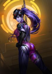 Rule 34 | 1girl, absurdres, ass, blue hair, blue skin, bodysuit, colored skin, from behind, gun, hand on own hip, head-mounted display, highres, liang xing, looking back, overwatch, overwatch 1, parted lips, ponytail, skin tight, solo, weapon, widowmaker (overwatch), yellow eyes