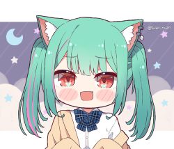 Rule 34 | 1girl, :d, animal ear fluff, animal ears, cardigan, cat ears, commentary, dress shirt, ear piercing, english commentary, fang, green hair, hololive, kukie-nyan, looking at viewer, medium hair, multicolored hair, open mouth, piercing, pink hair, red eyes, school uniform, shirt, smile, solo, streaked hair, twintails, uruha rushia, uruha rushia (school uniform), virtual youtuber, white shirt, yellow cardigan