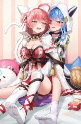 Rule 34 | 2girls, 35p (sakura miko), ahoge, animal ears, animal hood, behind another, bell, belt, blue eyes, blue hair, blush, breasts, cat ears, cat hair ornament, cat tail, cherry blossoms, choker, cleavage, feet, foot out of frame, furrowed brow, grabbing, grabbing another&#039;s breast, grabbing from behind, green eyes, hair ornament, hairclip, highres, hololive, hood, hoshimachi suisei, hoshimachi suisei (school uniform), iro (boo iro), jingle bell, juice box, large breasts, legs, looking at another, looking back, multiple belts, multiple girls, neck bell, no shoes, open mouth, parted lips, pink hair, sakura miko, sakura miko (work), saliva, sitting, socks, soles, star (symbol), star in eye, sweatdrop, symbol in eye, tail, tassel, thighhighs, thighs, virtual youtuber, white legwear, yuri